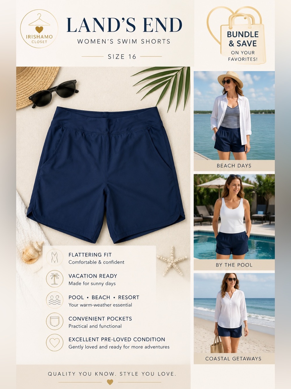 NWOT Lands' End Women's Navy Swim Shorts With Pockets!! - Size 16
